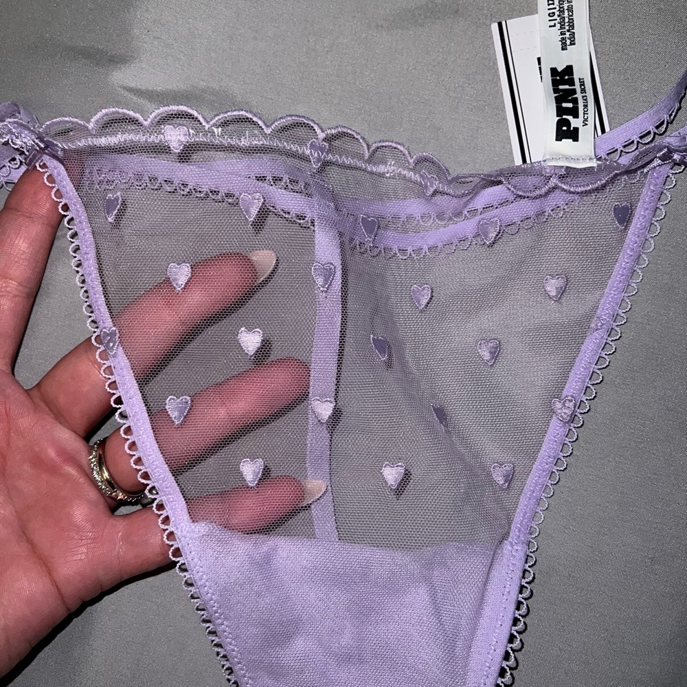 NWT VS PINK Purple Sheer Heart Embroidered V-String
